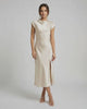 Luna Midi Dress - Classic satin dress with twisted-back, cutout detail, cowl neckline, and soft ivory hue by Lauven.