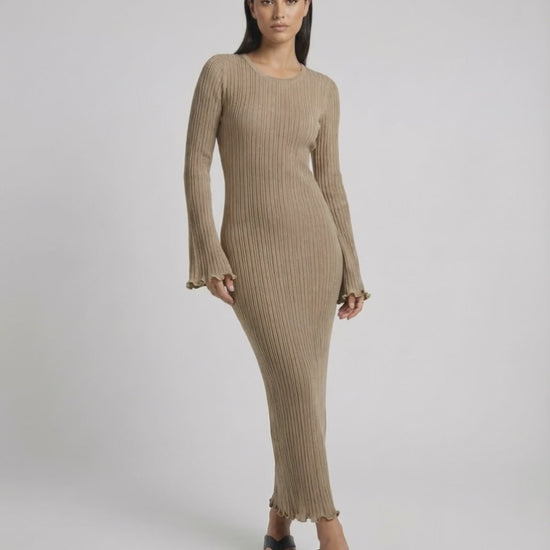 Solara Maxi Dress by Lauven in warm taupe, ribbed knit, long flared sleeves, elegant midi length.