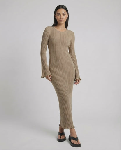 Solara Maxi Dress by Lauven in warm taupe, ribbed knit, long flared sleeves, elegant midi length.