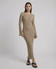 Solara Maxi Dress by Lauven in warm taupe, ribbed knit, long flared sleeves, elegant midi length.