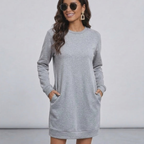 Orion Mini Dress by Lauven, casual grey sweatshirt dress with pockets, perfect for everyday comfort.