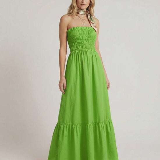 Zafira Maxi Dress - Green strapless maxi dress with smocked bodice, by Lauven, offering a relaxed, flowing silhouette.