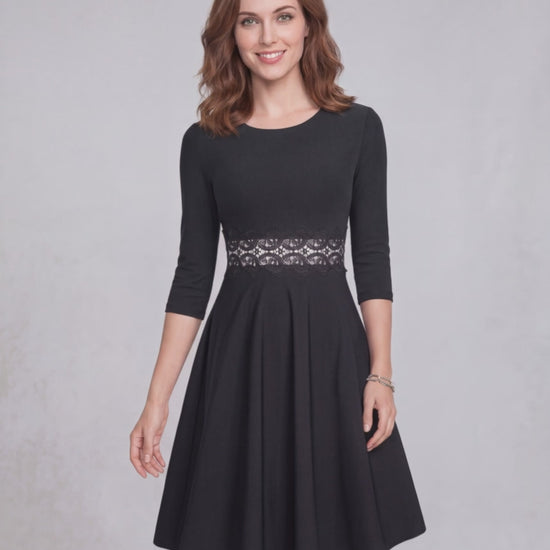 Elara Midi Dress - Black A-Line dress with lace waist detail by Lauven, offering timeless elegance and a flattering fit.