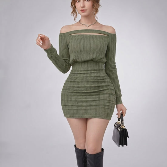 Aveline Mini Dress by Lauven features textured knit, bodycon fit, off-shoulder neckline, and contemporary style.