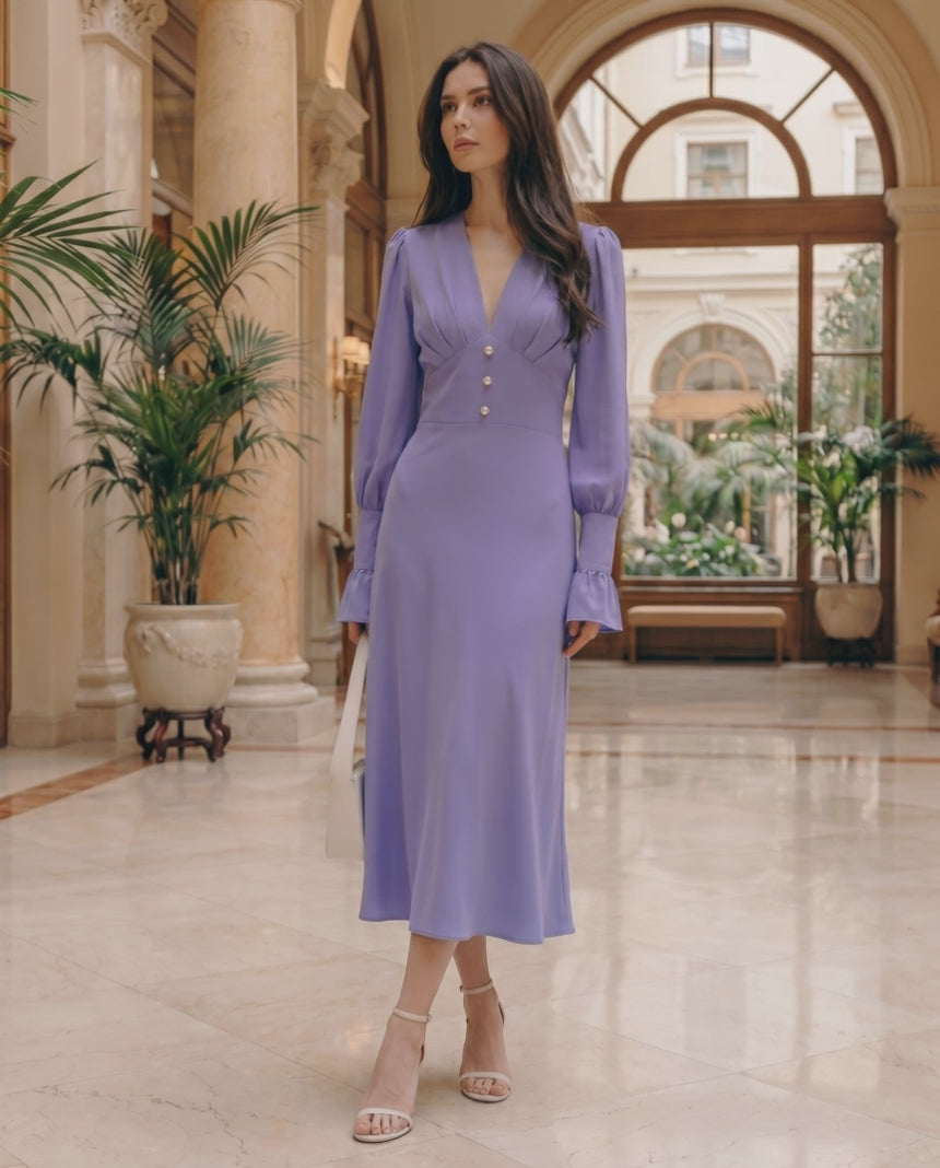 Selene Midi Dress in lavender with V-neck, long lantern sleeves, and elegant silhouette by Lauven.
