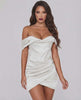 Lauven Aurora Mini Dress featuring luxe satin off-shoulder design and elegant wrap-style skirt.