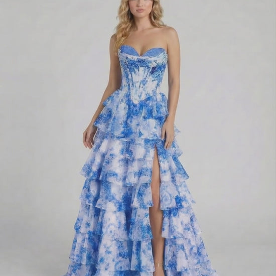 Azura Maxi Dress by Lauven - Blue floral tiered chiffon gown with structured corset and high slit.