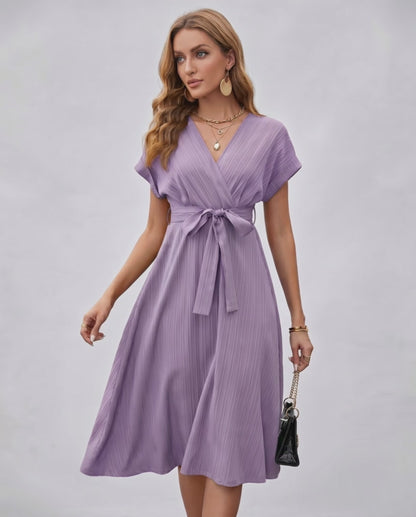 Serene Midi Dress by Lauven, pleated fabric, V-neck, self-tie belt, elegant, versatile, modern wardrobe.