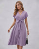 Serene Midi Dress by Lauven, pleated fabric, V-neck, self-tie belt, elegant, versatile, modern wardrobe.