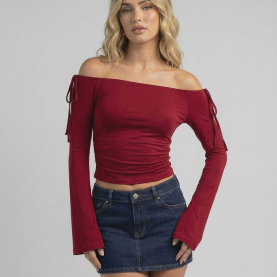 Valencia Top by Lauven - Women’s Off-The-Shoulder Long Sleeve Slim Fit Top in deep burgundy.