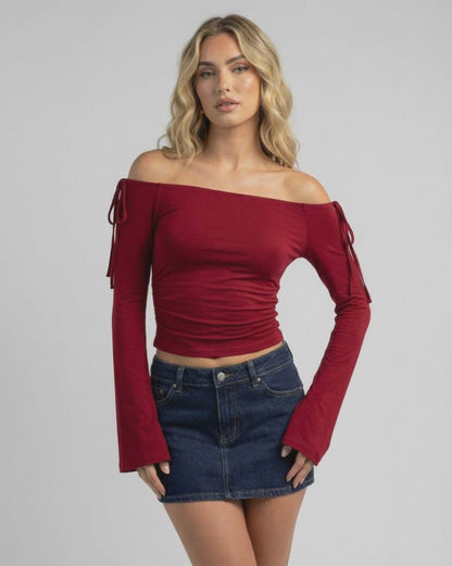 Valencia Top by Lauven - Women’s Off-The-Shoulder Long Sleeve Slim Fit Top in deep burgundy.