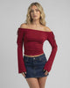 Valencia Top by Lauven - Women’s Off-The-Shoulder Long Sleeve Slim Fit Top in deep burgundy.