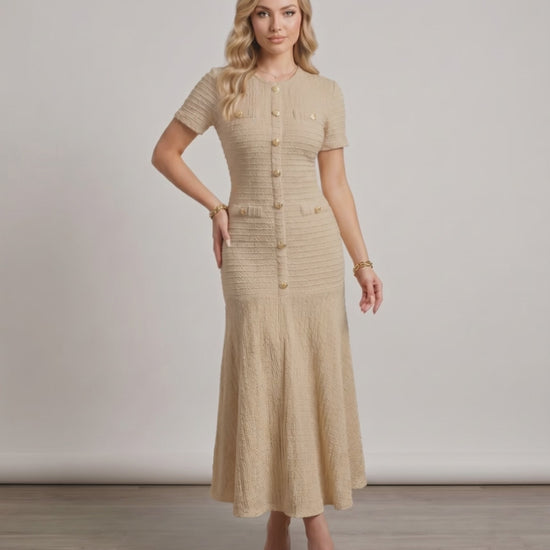 Aureline Maxi Dress from Lauven, textured knit with round neck, refined silhouette, and gently flared hem for fluid movement.