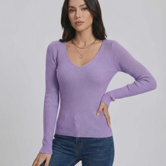 Lavender Bloom Pullover by Lauven, women's V-neck pullover sweater in light purple, slim fit long sleeve top.