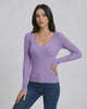 Lavender Bloom Pullover by Lauven, women's V-neck pullover sweater in light purple, slim fit long sleeve top.