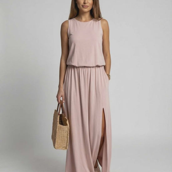 Arden Maxi Dress: Blush Pink sleeveless maxi with side slit, relaxed fit, by Lauven, elegant and comfortable.