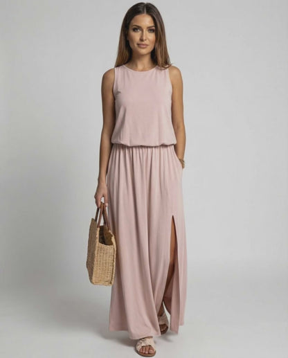 Arden Maxi Dress: Blush Pink sleeveless maxi with side slit, relaxed fit, by Lauven, elegant and comfortable.
