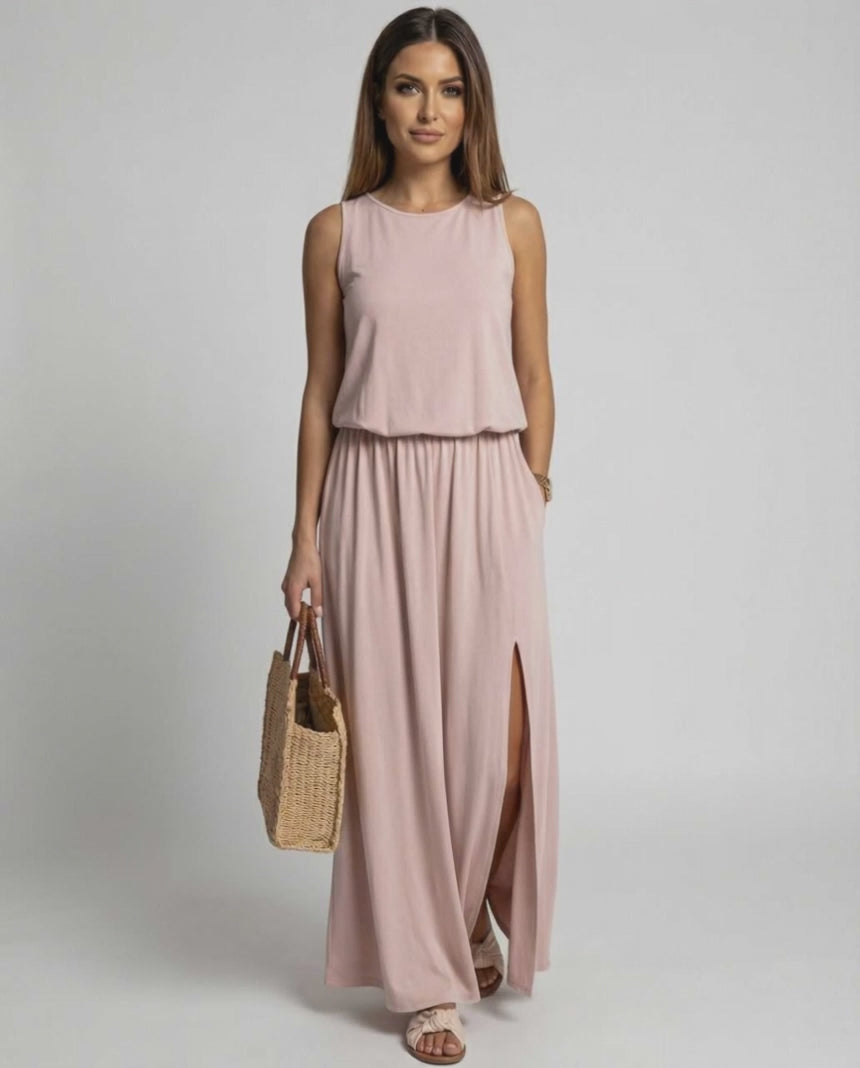 Arden Maxi Dress: Blush Pink sleeveless maxi with side slit, relaxed fit, by Lauven, elegant and comfortable.