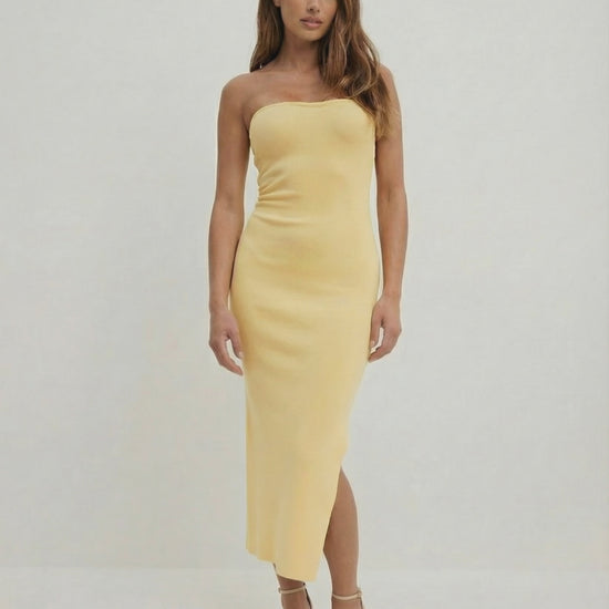 Celeste Midi Dress by Lauven - Elegant strapless sheath in soft yellow, perfect for spring 2024.