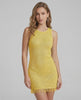 Lyra Mini Dress by Lauven, yellow sheath silhouette with subtle shine, perfect for spring and summer styling.