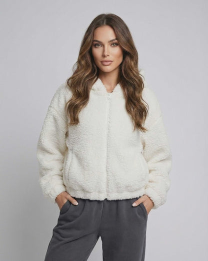 Snow Cozy Jacket by Lauven – Women's white fleece zip jacket with hood and relaxed fit.