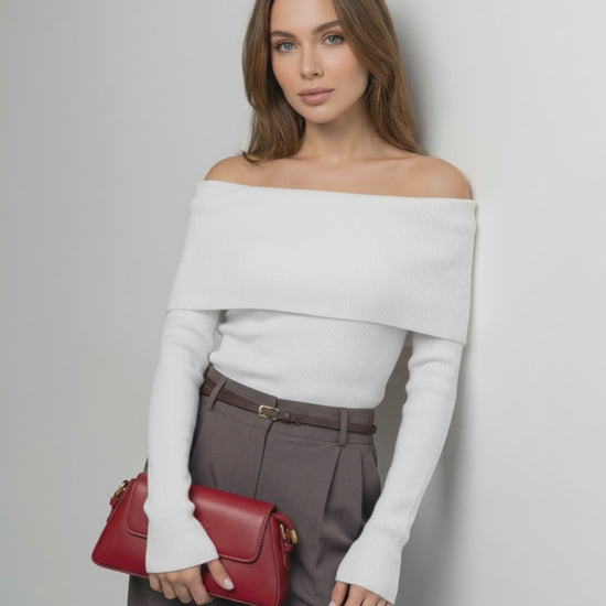 Milano Top by Lauven – Women's Off-The-Shoulder Slim Fit Top in Solid White, showcasing modern elegance.