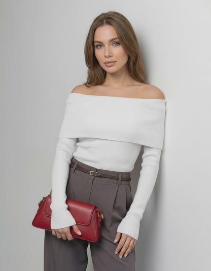 Milano Top by Lauven – Women's Off-The-Shoulder Slim Fit Top in Solid White, showcasing modern elegance.