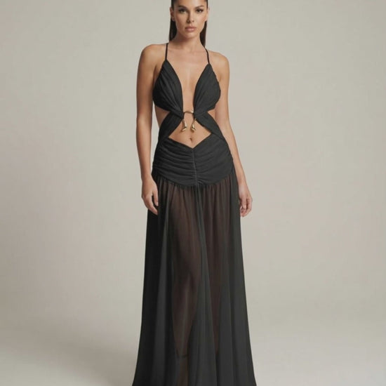 Eclipse Maxi Dress featuring a deep V-neck, cut-out detail, and flowing silhouette by Lauven, perfect for elegance.