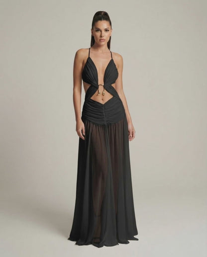 Eclipse Maxi Dress featuring a deep V-neck, cut-out detail, and flowing silhouette by Lauven, perfect for elegance.