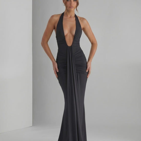 Aurelia Maxi Dress in stretch jersey with halter neck, sleek fit, and subtle ruching by Lauven for elevated occasions.