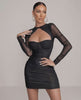 Nova Mini Dress by Lauven in classic black with sheer long sleeves and ruched detailing.