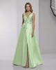 Calytrix Maxi Dress in mint green satin with wrap slit and bow detail by Lauven for elegant formal occasions.
