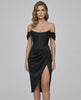 Seraphine Midi Dress in black satin featuring a strapless corset, high slit, and elegant silhouette by Lauven.