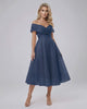 Maris Midi Dress by Lauven, elegant off shoulder navy dress with sweetheart neckline and flowing skirt.