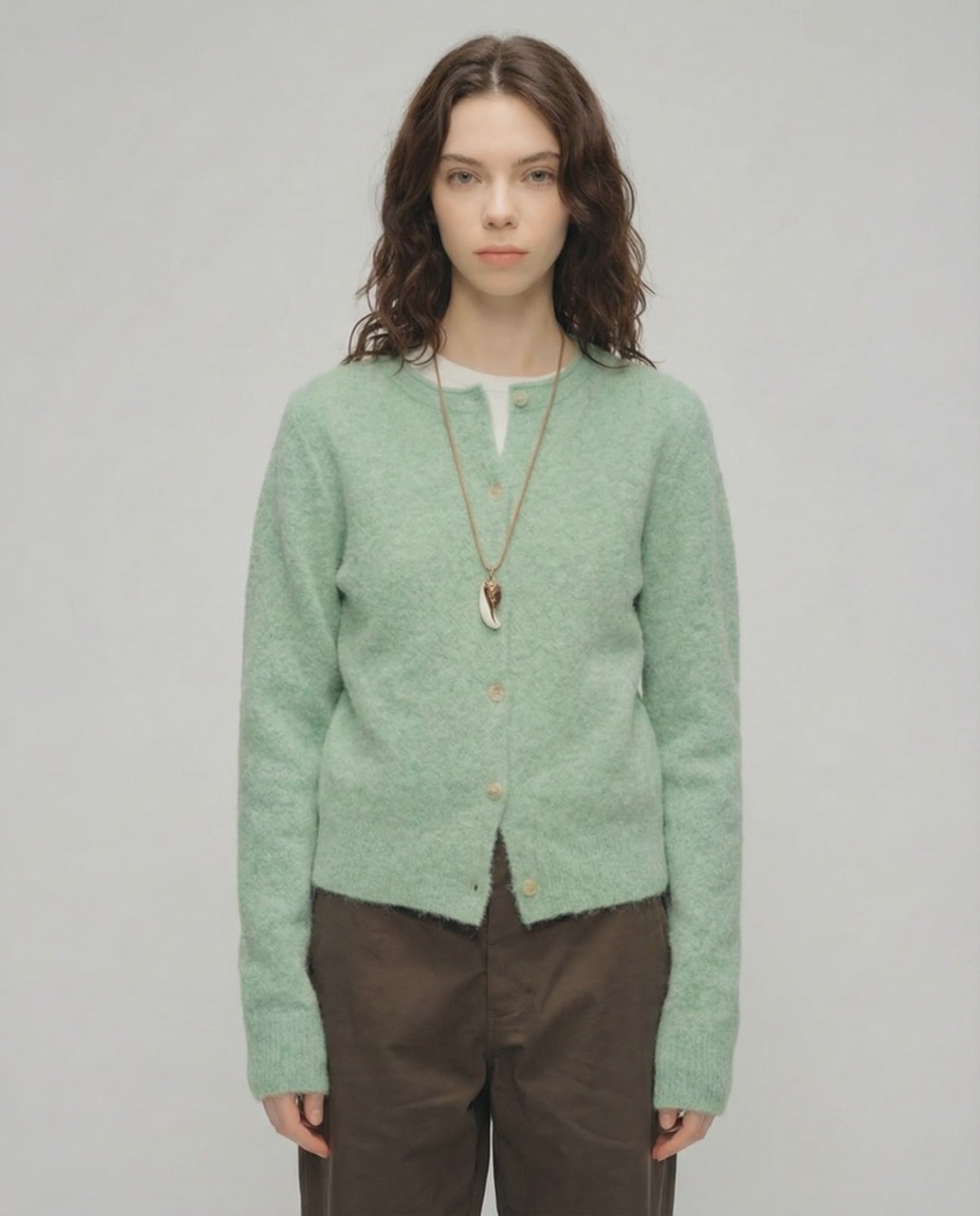 Sage Cardigan by Lauven - Women's green cardigan sweater with round neck and button front.