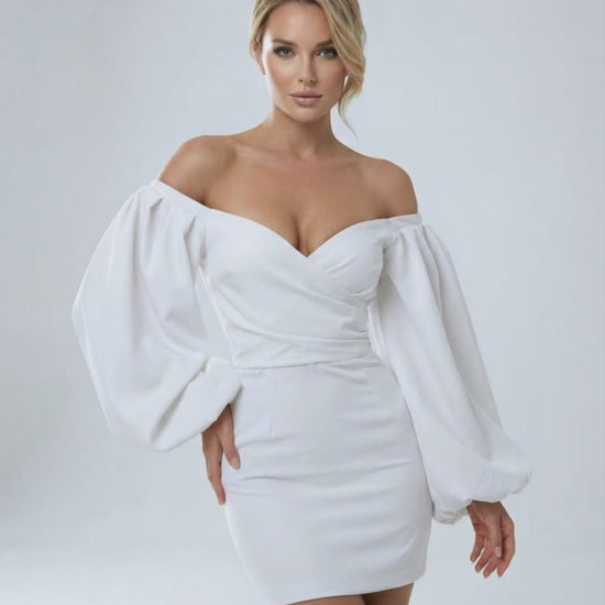 Ivory Mini Dress by Lauven, showcasing an off-shoulder design and puff sleeves in luxurious satin.