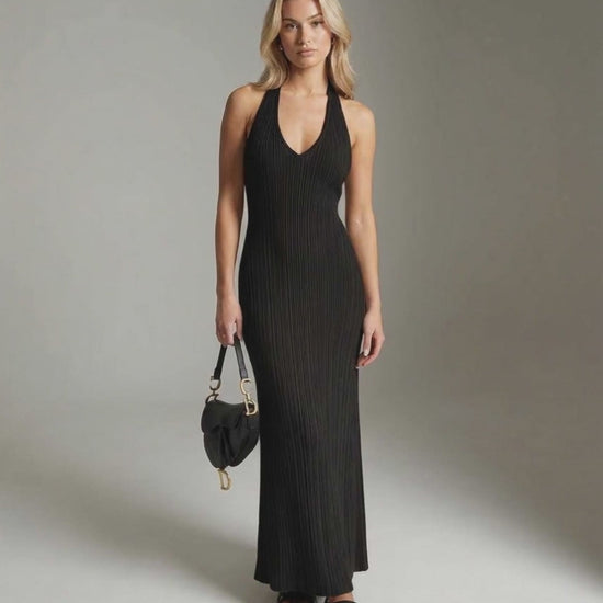Luna Maxi Dress, sleek ribbed knit, sleeveless black style, elegant fit by Lauven.
