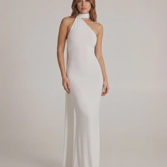 Elara Maxi Dress - White halter neck dress with open back, elegant elongation, from Lauven.