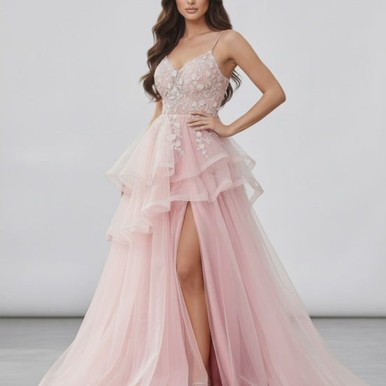 Roselle Maxi Dress featuring blush pink tulle, lace bodice, high slit, and elegant silhouette by Lauven.