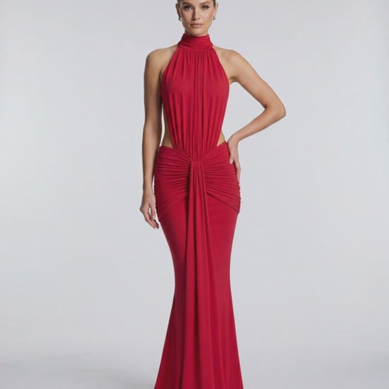 Aurelia Maxi Dress featuring smooth stretch fabric, high neck, and body-skimming silhouette by Lauven.
