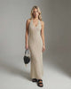 Serena Maxi Dress featuring a ribbed knit texture, V-neckline, and slim fit in delicate beige by Lauven.