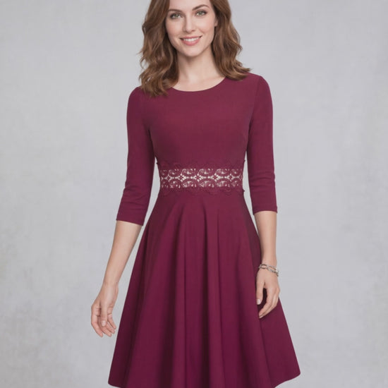 Veloura Midi Dress - Burgundy A-Line silhouette with lace detail, elegant and timeless design by Lauven.