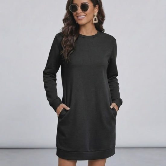 Noir Mini Dress - Lauven Casual Black Sweatshirt Dress with Pockets for Everyday Wear