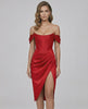 Calypso Midi Dress - Red satin strapless design with corset and high slit, embodying modern glamour from Lauven.