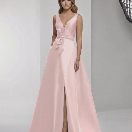 Seraphine Maxi Dress in pink satin with wrap slit, bow waist, elegant A-line silhouette by Lauven.