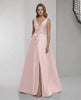 Seraphine Maxi Dress in pink satin with wrap slit, bow waist, elegant A-line silhouette by Lauven.
