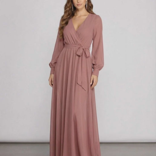 Sienna Maxi Dress in dusty rose chiffon with long sleeves, wrap front V-neckline, and elegant A-line silhouette by Lauven.