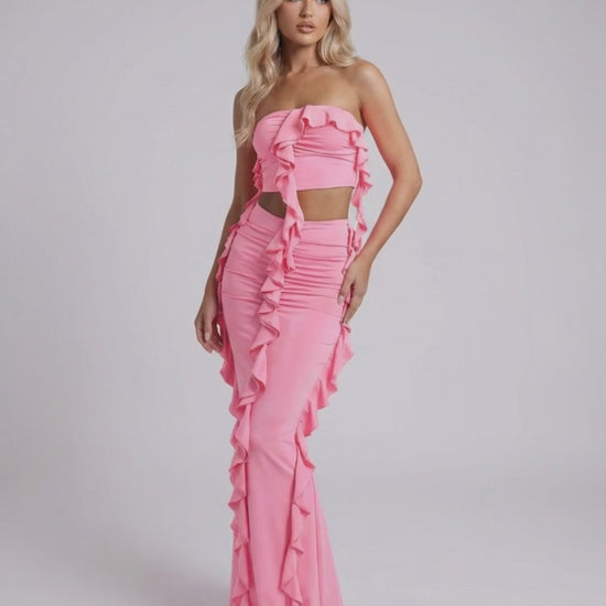 Celeste Maxi Dress by Lauven - Elegant pink strapless dress with ruffle accents and a modern silhouette.