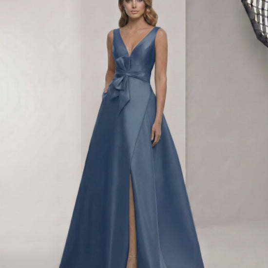 Noctra Maxi Dress - Elegant A-Line navy blue satin dress with V-neck, bow detail, perfect for formal occasions by Lauven.