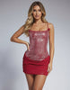 Valencia Mini Dress by Lauven – Red Sequin Bodycon Mini Dress with U-Neck, perfect for cocktail parties.
